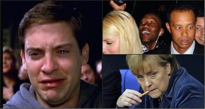Κολάζ με τρεις φωτογραφίες διασήμων που εκφράζουν έντονα συναισθήματα.