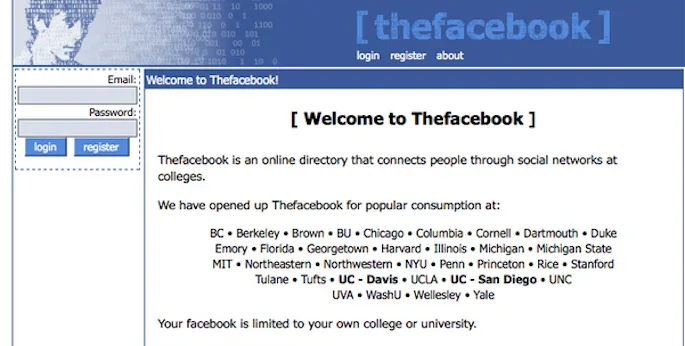 Η αρχική σελίδα του Thefacebook στην αρχή της λειτουργίας του.