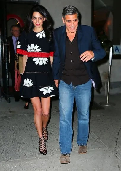 Amal Clooney and George Clooney go to dinner with Amal's parents Ramzi and Baria Alamuddin and her sister Tala at Caravaggio in NYC