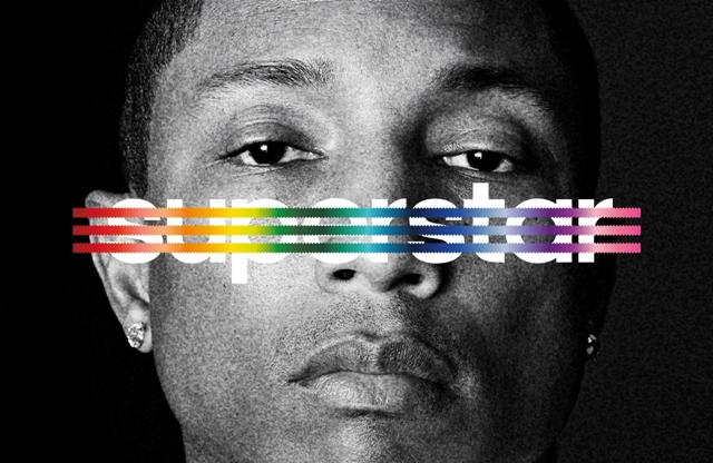 Ο Pharrell Williams σε ασπρόμαυρο κοντινό πλάνο με τη λέξη superstar και πολύχρωμες ρίγες στα μάτια.