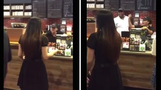 Στιγμιότυπο από βίντεο σε κατάστημα Starbucks με υπάλληλο και πελάτισσα.
