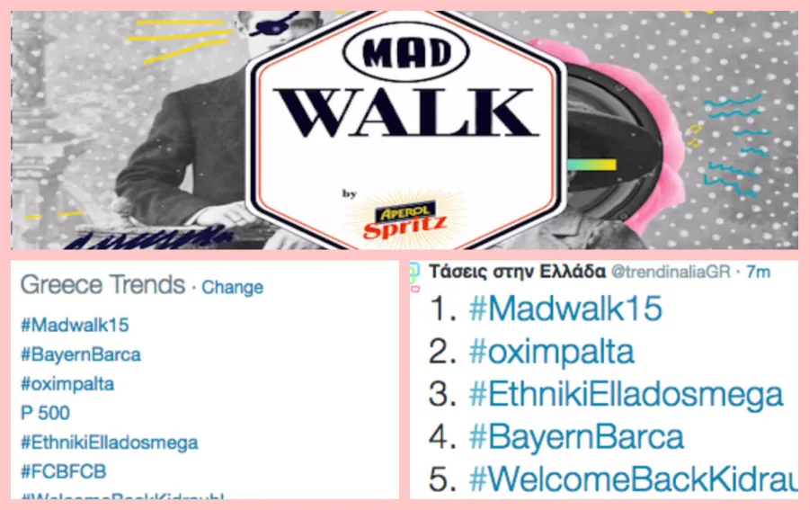 Λογότυπο MadWalk 2015 by Aperol Spritz και trending topics στο Twitter.