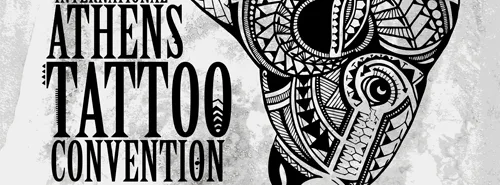 Αφίσα για το International Athens Tattoo Convention με γεωμετρικά σχέδια.