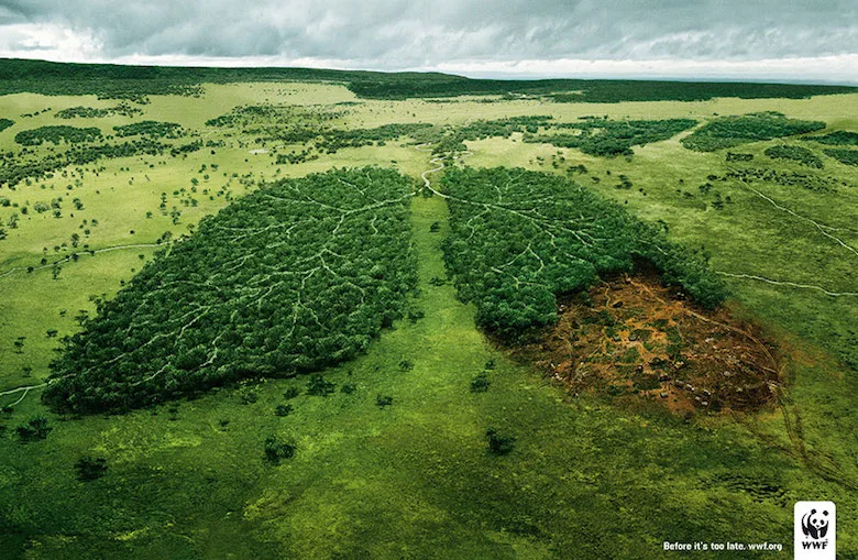 Διαφημιστική καμπάνια της WWF με δάσος σε σχήμα πνευμόνων που αποψιλώνεται.