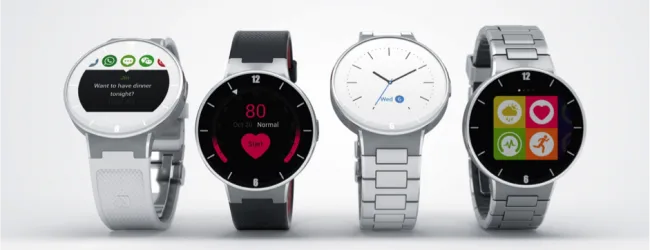 Τέσσερα έξυπνα ρολόγια Alcatel OneTouch Watch σε διαφορετικά σχέδια και λουράκια.
