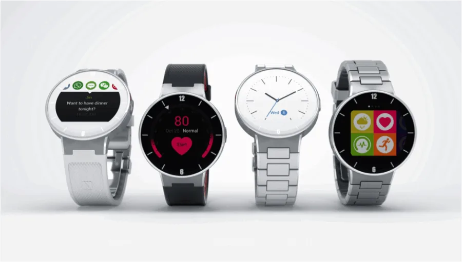 Τέσσερα έξυπνα ρολόγια Alcatel OneTouch Watch σε διαφορετικά σχέδια και λουράκια.