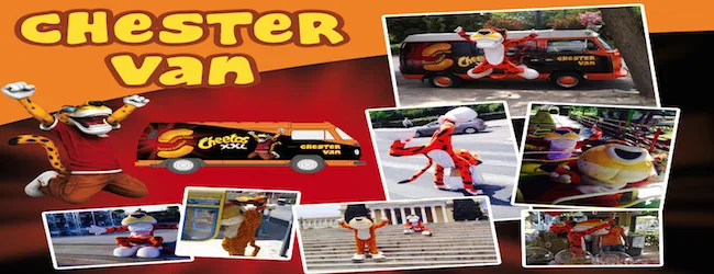 Κολάζ φωτογραφιών με το Chester Van και τη μασκότ Chester Cheetah από το roadtrip των Cheetos XXL.