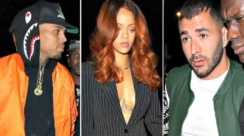 Κολάζ με τους Chris Brown, Rihanna και Karim Benzema