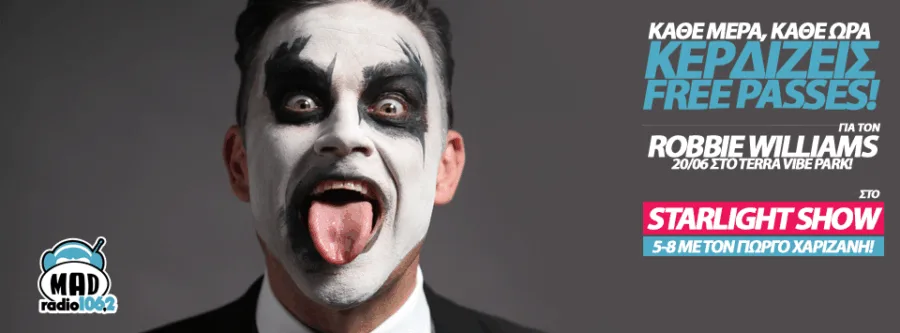 Ο Robbie Williams με ασπρόμαυρο μακιγιάζ προσώπου και τη γλώσσα έξω σε διαφημιστικό του Mad Radio 106.2.