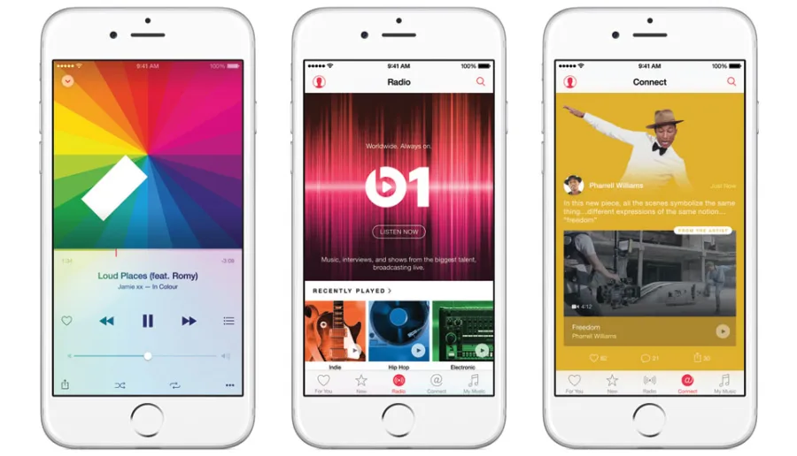 Τρία iPhone που εμφανίζουν την εφαρμογή Apple Music με καλλιτέχνες όπως ο Pharrell Williams.