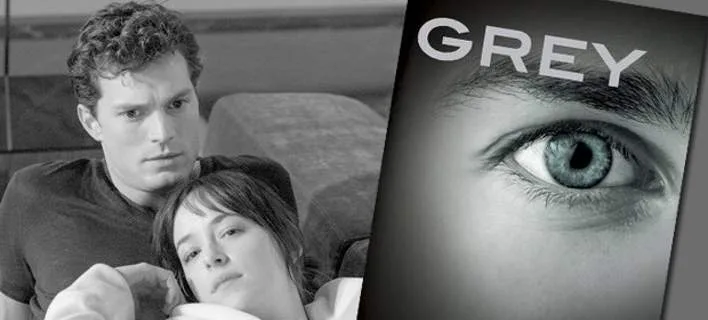 Ο Jamie Dornan και η Dakota Johnson σε σκηνή από την ταινία 50 Αποχρώσεις του Γκρι δίπλα στο εξώφυλλο του βιβλίου Grey.