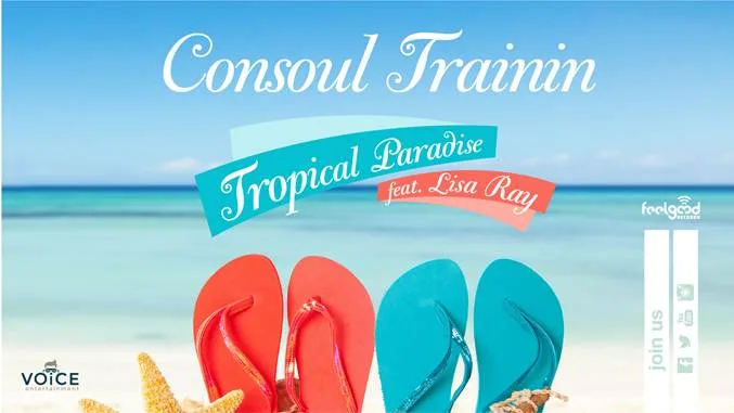 Εξώφυλλο του single Tropical Paradise από Consoul Trainin και Lisa Ray με φόντο παραλία.