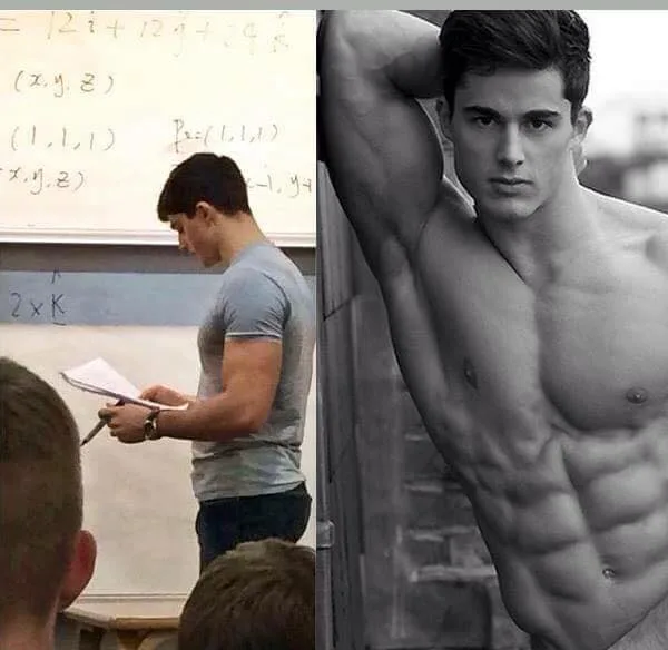 Ο Pietro Boselli σε κολάζ φωτογραφιών ως καθηγητής μαθηματικών και ως μοντέλο.