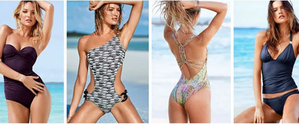 Μοντέλα της Victoria's Secret με ολόσωμα μαγιό και μπικίνι σε παραλία.