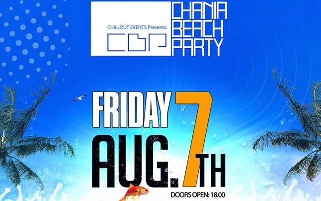 Αφίσα για το Chania Beach Party 2015 με φοίνικες και γαλάζιο φόντο.