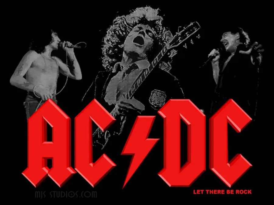 Το λογότυπο των AC/DC σε κόκκινο χρώμα με μέλη του συγκροτήματος στο φόντο.