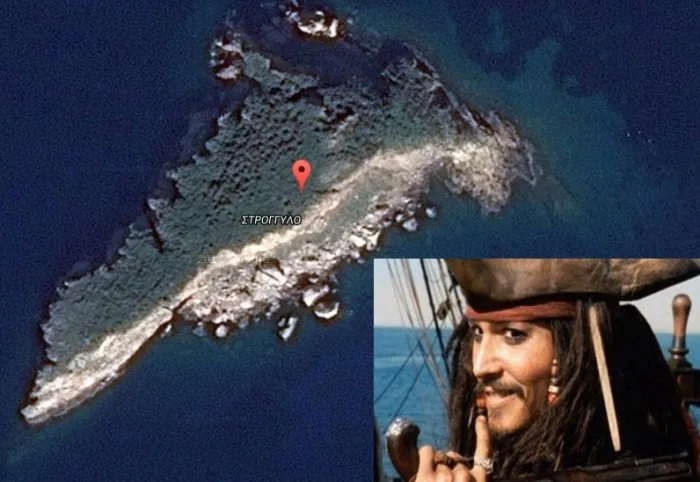 Ο Johnny Depp ως Jack Sparrow δίπλα σε αεροφωτογραφία του νησιού Στρογγυλό.