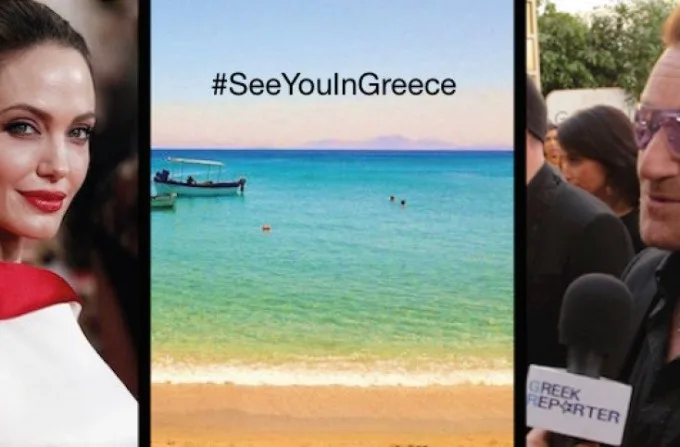 Κολάζ με την Angelina Jolie, μια ελληνική παραλία και τον Bono.
