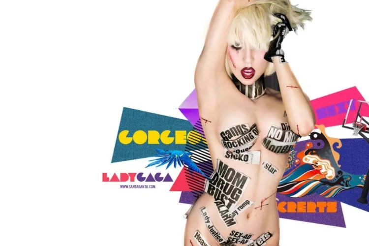Η Lady Gaga σε καλλιτεχνική φωτογράφιση με αποκόμματα εφημερίδων στο σώμα της.