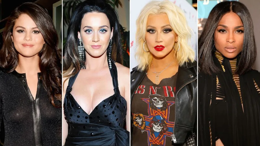 Selena Gomez, Katy Perry, Christina Aguilera και Ciara σε κολάζ φωτογραφιών.