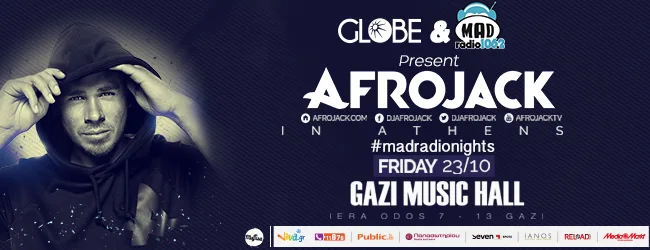 Αφίσα για την εμφάνιση του Afrojack στην Αθήνα στο Gazi Music Hall.