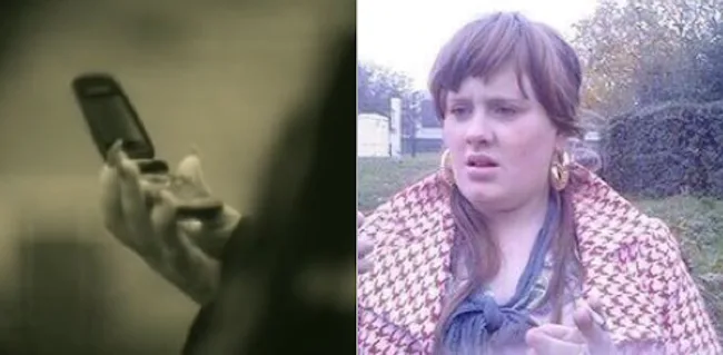 Κολάζ με την Adele να κρατά ένα παλιό κινητό flip phone και μια παλαιότερη φωτογραφία της.