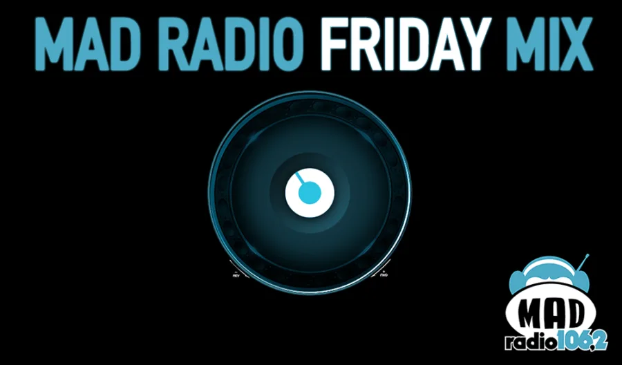 MAD Radio Friday Mix γραφικό με πικάπ και το λογότυπο του σταθμού.