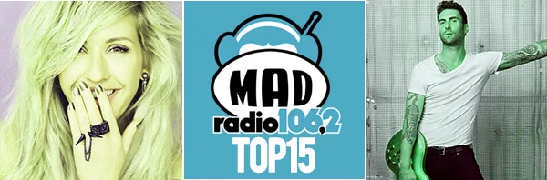 Κολάζ με την Ellie Goulding, το λογότυπο του Mad Radio 106.2 και τον Adam Levine.