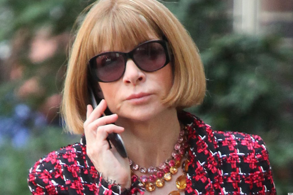 April 17, 2013: Anna Wintour totes a Chanel shopping bag while chatting on her cell phone in New York City. Mandatory Credit: Mauceri/MacFarlane/INFphoto.com Ref: infusny-141/240