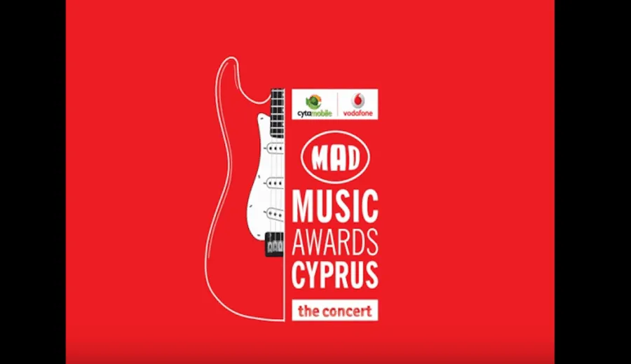 Αφίσα για τα MAD Music Awards Cyprus με γραφικό κιθάρας σε κόκκινο φόντο.