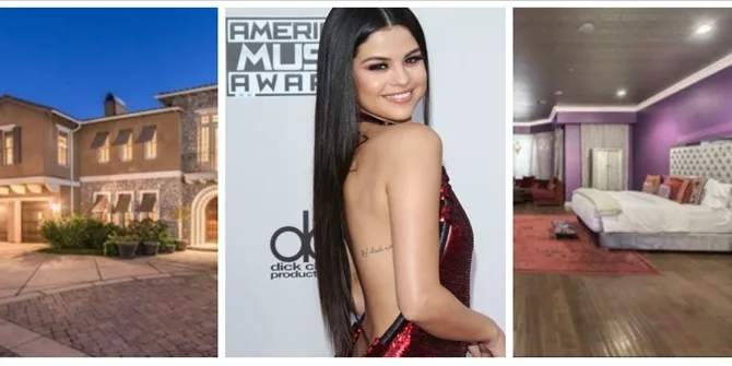 Κολάζ με την Selena Gomez και φωτογραφίες από την έπαυλή της στην Καλιφόρνια.