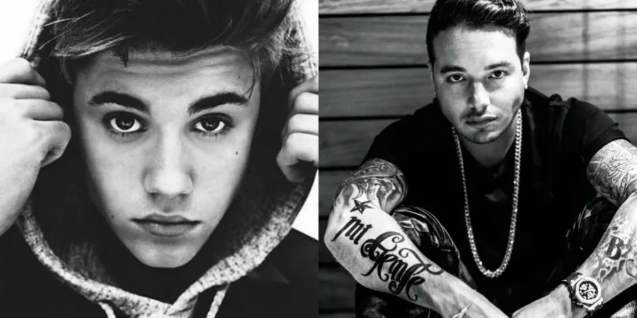 Ο Justin Bieber και ο J Balvin σε ασπρόμαυρο κολάζ φωτογραφιών.