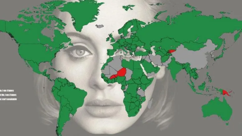 Παγκόσμιος χάρτης με το πρόσωπο της Adele στο φόντο.