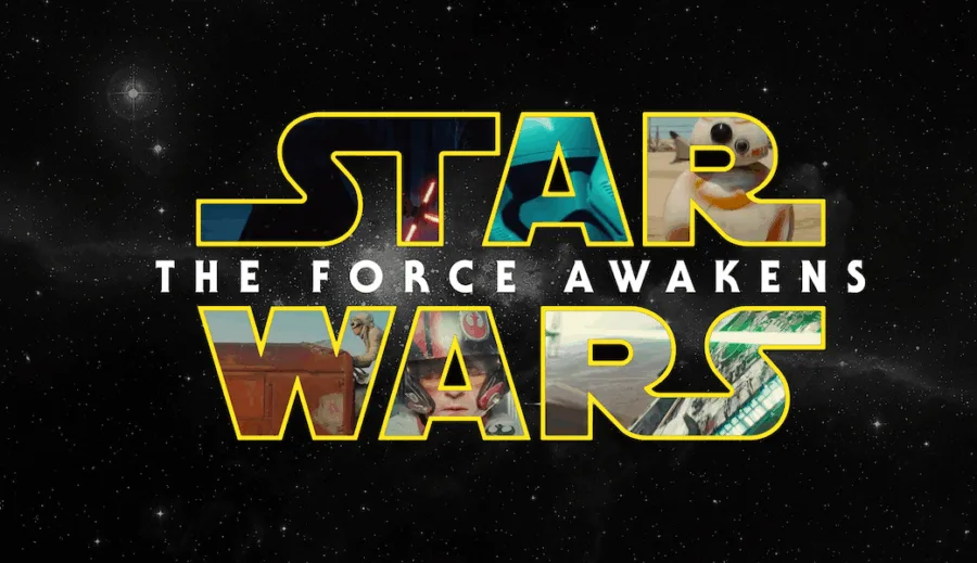 Το λογότυπο της ταινίας Star Wars: The Force Awakens σε φόντο με αστέρια.