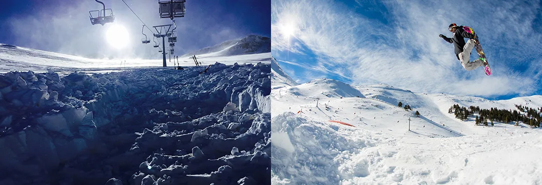 Κολάζ με χιονισμένο τοπίο, τελεφερίκ και snowboarder στον αέρα.