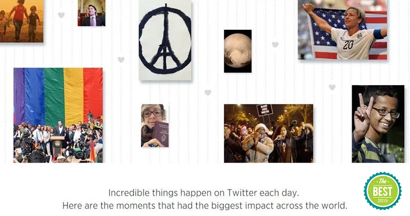 Κολάζ με σημαντικά γεγονότα του 2015 από το Twitter, όπως το σύμβολο του Παρισιού και η σημαία υπερηφάνειας.
