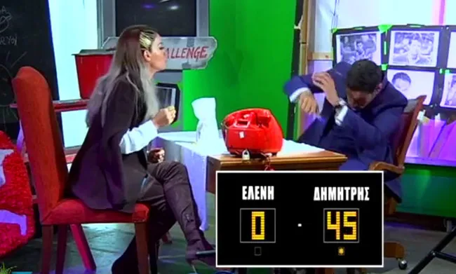 Η Ελένη Φουρέιρα και ο Δημήτρης Ουγγαρέζος σε τηλεοπτικό πλατό.