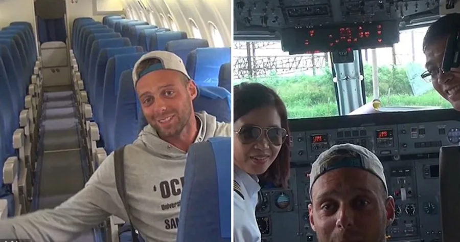 Ο Alex Simon ως μοναδικός επιβάτης σε αεροπλάνο και selfie στο πιλοτήριο.