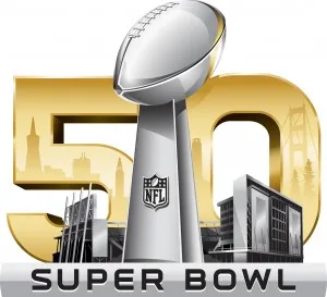 Το λογότυπο του Super Bowl 50 με το τρόπαιο Vince Lombardi και χρυσούς αριθμούς.