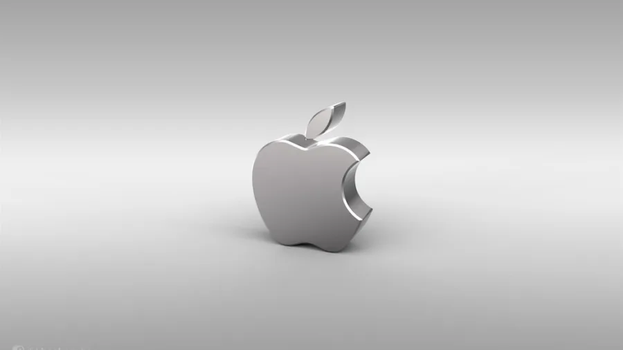 Τρισδιάστατο ασημένιο λογότυπο της Apple σε γκρι φόντο.