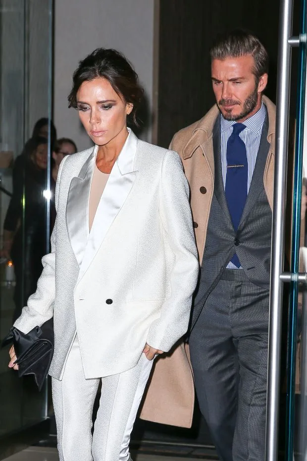 Victoria Beckham seen wearing white tuxedo leaving her hotel in New York City. She was on a date night with husband David BeckhamPictured: Victoria BeckhamRef: SPL1223062 080216 Picture by: Felipe Ramales / Splash News<B