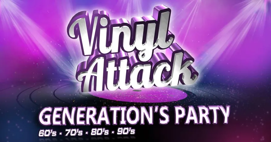 Αφίσα για το Vinyl Attack Generation's Party με ρετρό αισθητική.