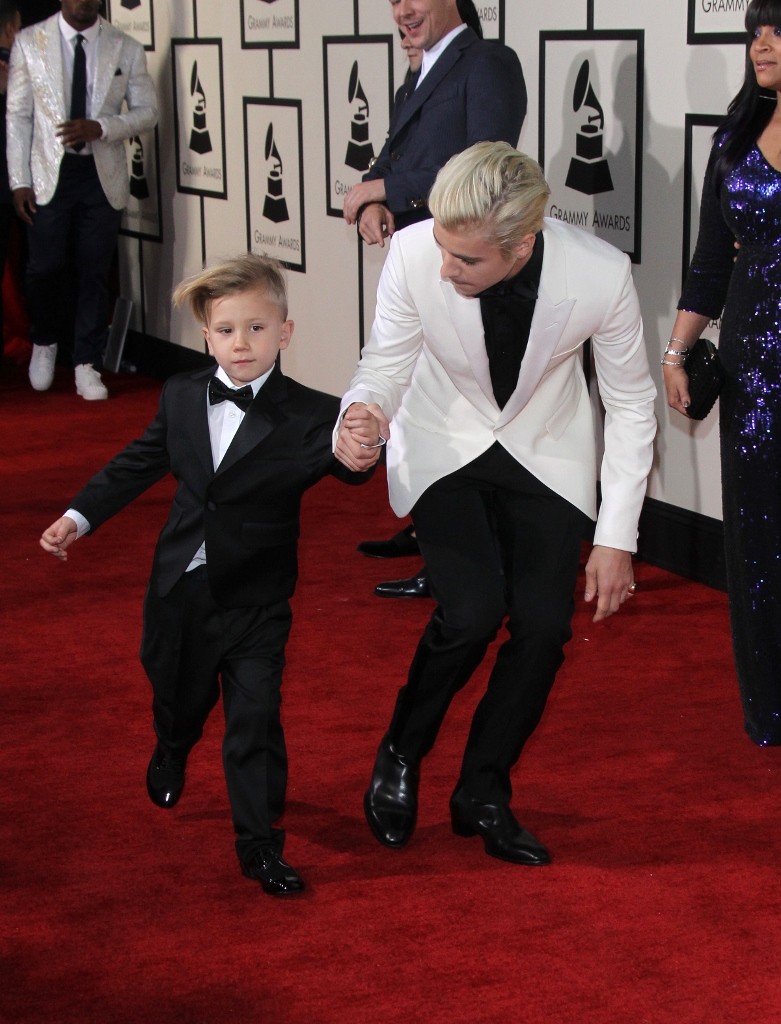 Justin Bieber arrives at The 58th Annual Grammy Awards Pictured: Justin Bieber, Jaxon BieberRef: SPL1228922 150216 Picture by: Jen Lowery / Splash NewsSplash News and PicturesLos Angeles: 310-821-2666N