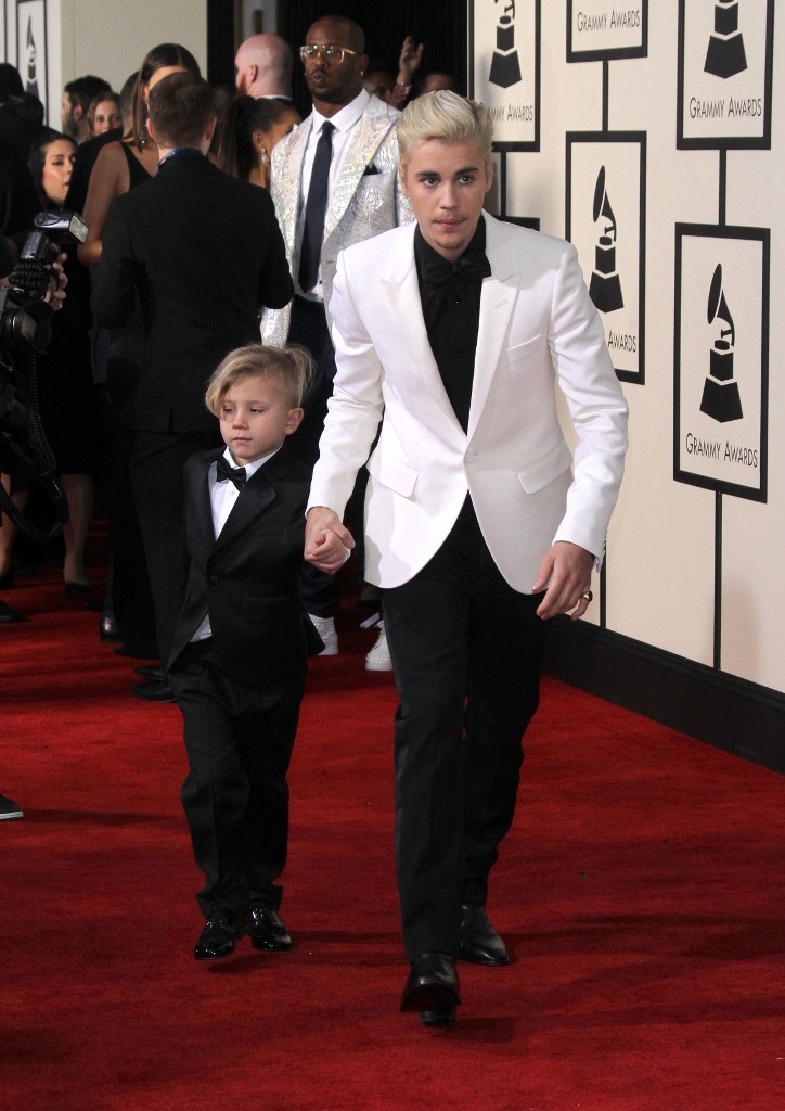 Justin Bieber arrives at The 58th Annual Grammy Awards Pictured: Justin Bieber, Jaxon BieberRef: SPL1228922 150216 Picture by: Jen Lowery / Splash NewsSplash News and PicturesLos Angeles: 310-821-2666N