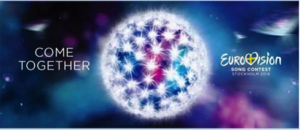 Λογότυπο της Eurovision 2016 στη Στοκχόλμη με το σύνθημα Come Together και μια φωτεινή σφαίρα.