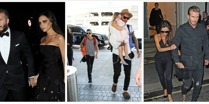 Κολάζ φωτογραφιών με τον David και την Victoria Beckham σε διάφορες εξόδους.
