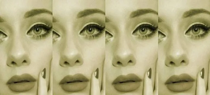 Κοντινό πλάνο προσώπου γυναίκας με έντονο eyeliner σε τετραπλό κολάζ.