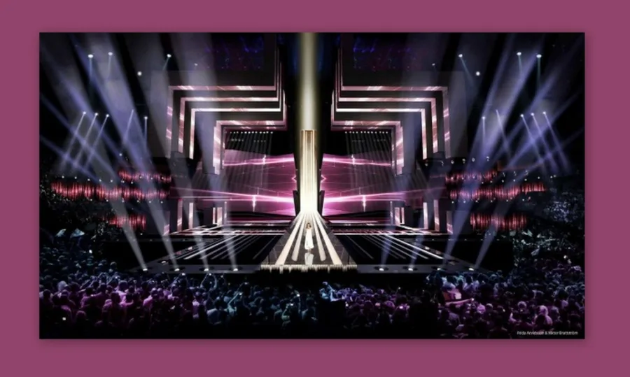 Η σκηνή της Eurovision με εντυπωσιακό φωτισμό και γεωμετρικά σχήματα