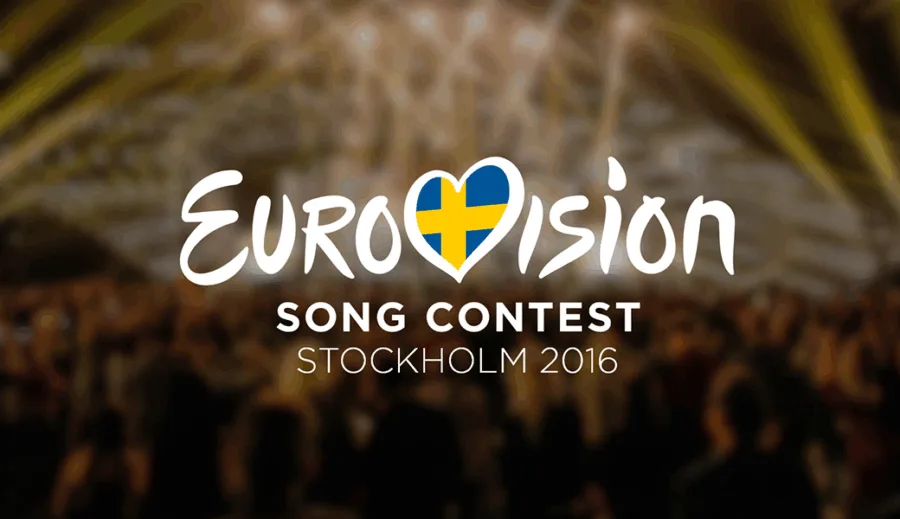 Το λογότυπο της Eurovision 2016 στη Στοκχόλμη με τη σημαία της Σουηδίας σε σχήμα καρδιάς.