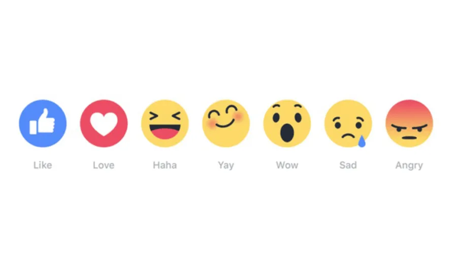 Τα νέα εικονίδια αντιδράσεων του Facebook: Like, Love, Haha, Yay, Wow, Sad και Angry.